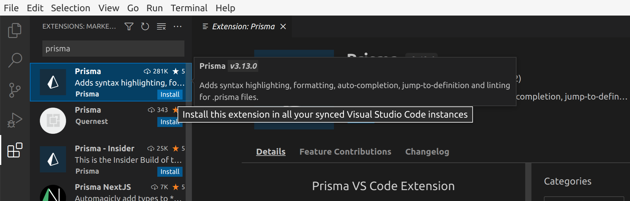 Prisma 拡張機能のインストール